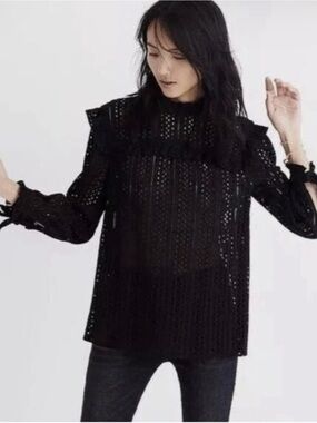 Madewell Black Lace Eyelet Ruffle Long-Sleeve Top